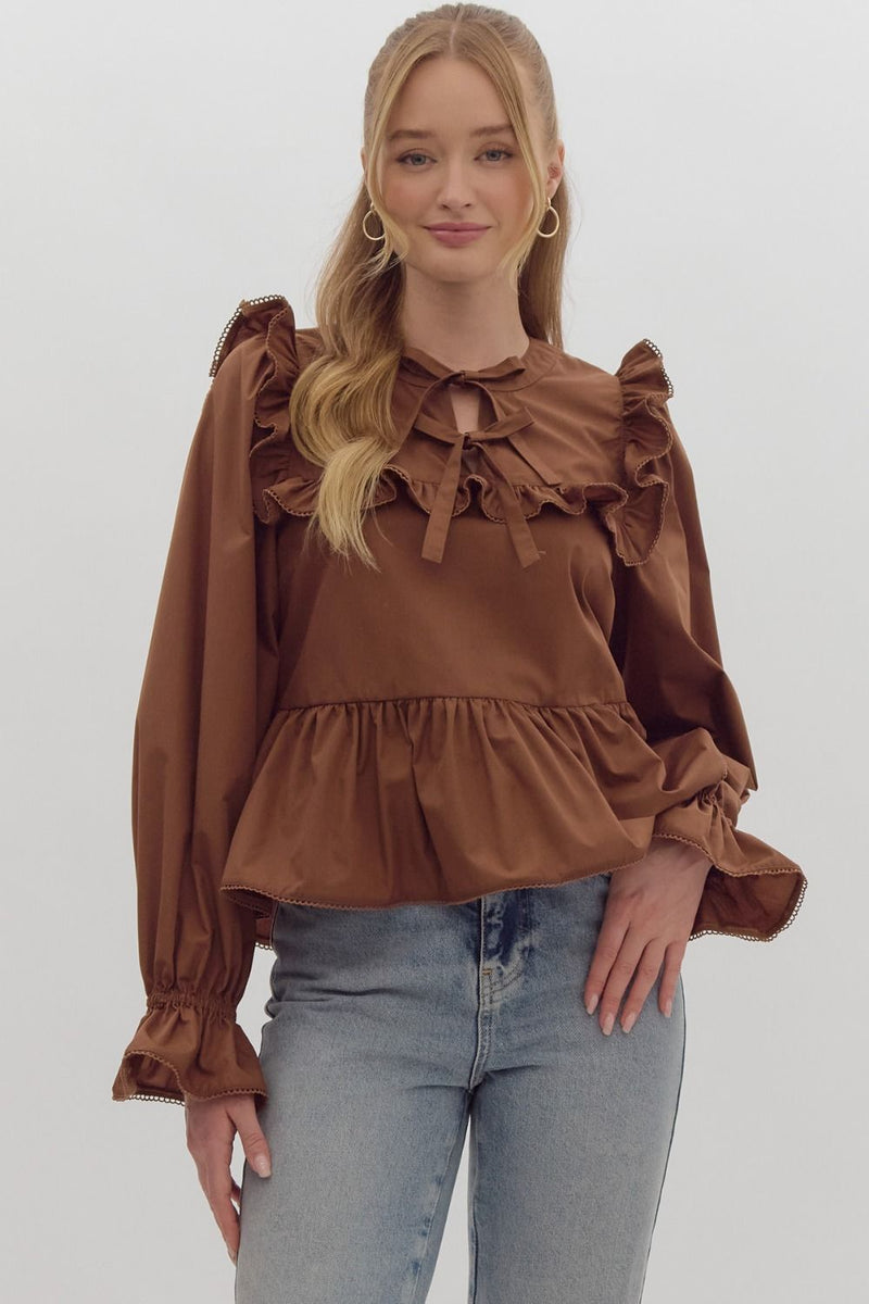 Brown Ruffle/Bow Trim Top