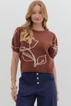 Brown Floral Puff Sleeve Sweater