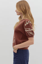 Brown Floral Puff Sleeve Sweater