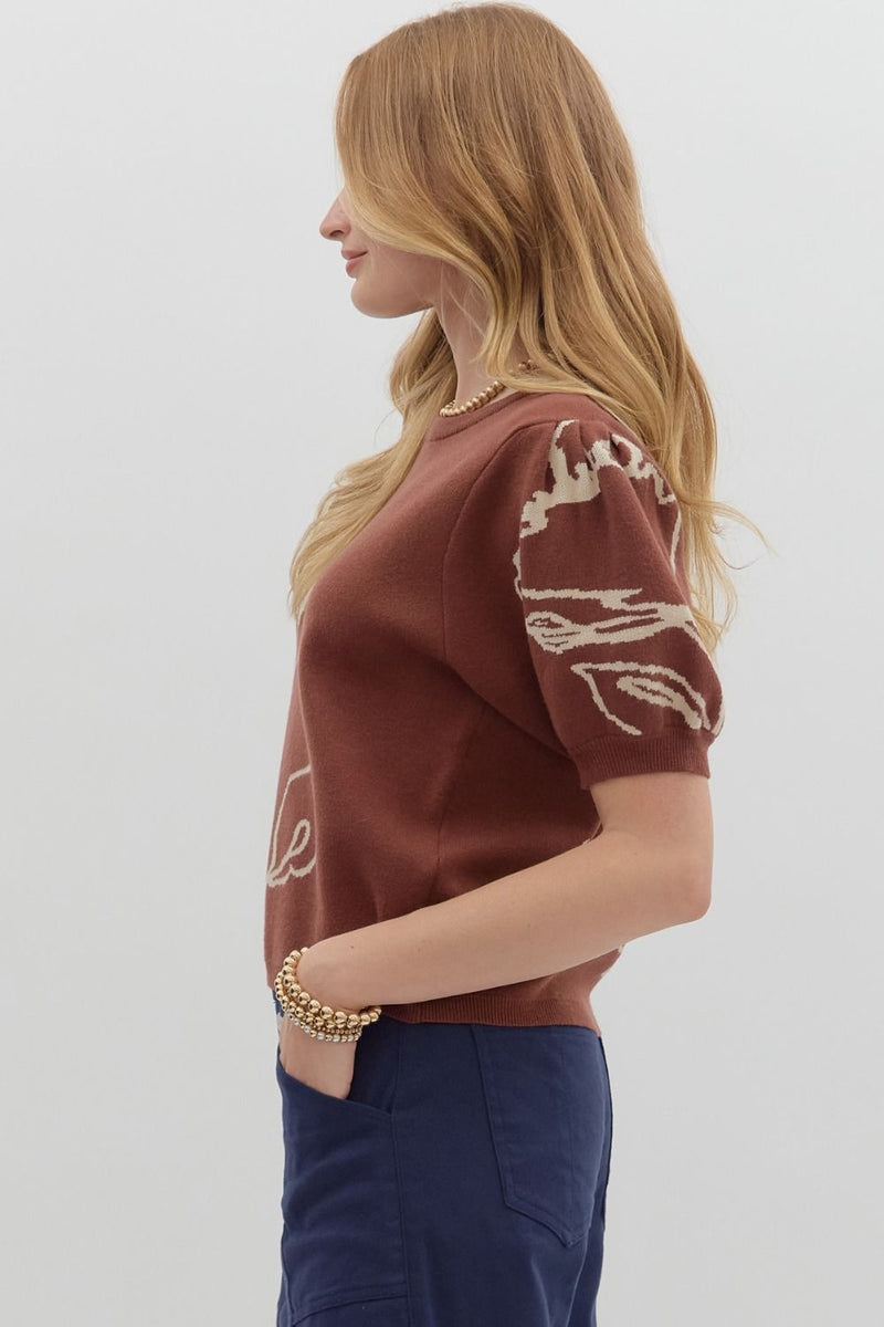 Brown Floral Puff Sleeve Sweater