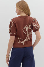 Brown Floral Puff Sleeve Sweater