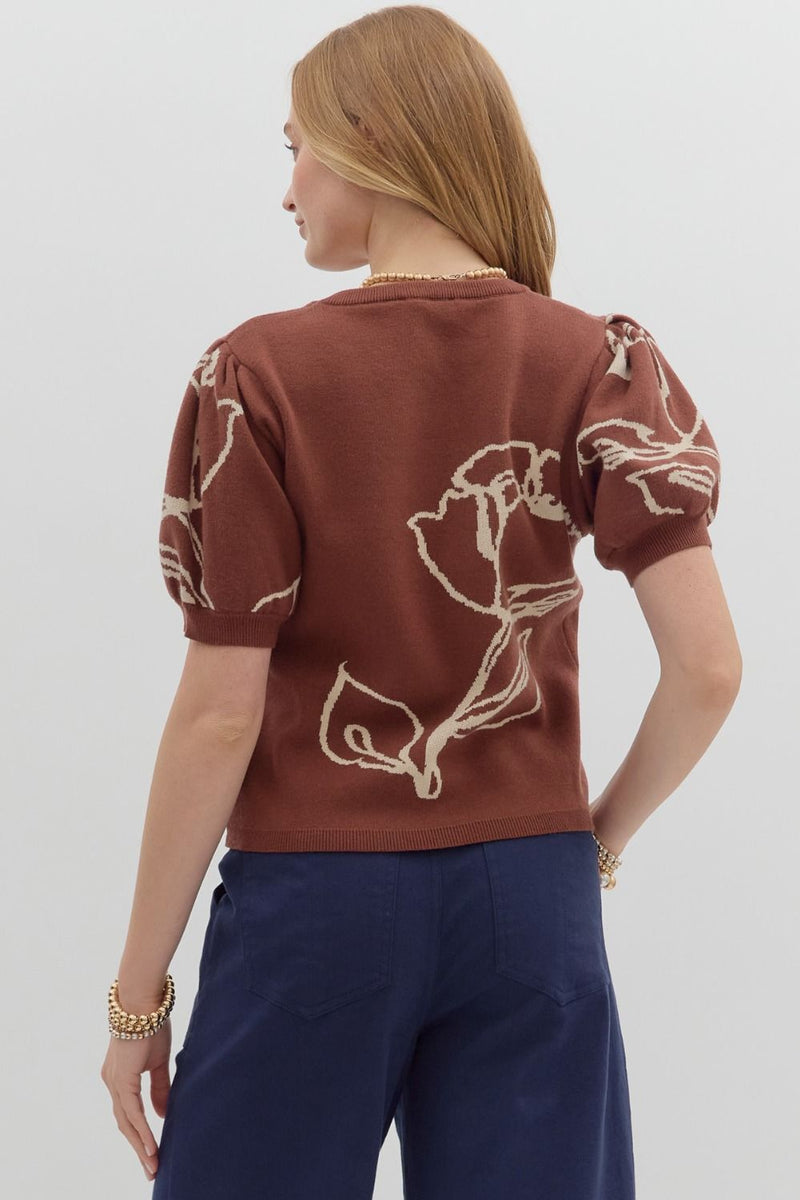 Brown Floral Puff Sleeve Sweater