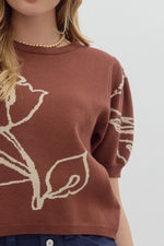 Brown Floral Puff Sleeve Sweater