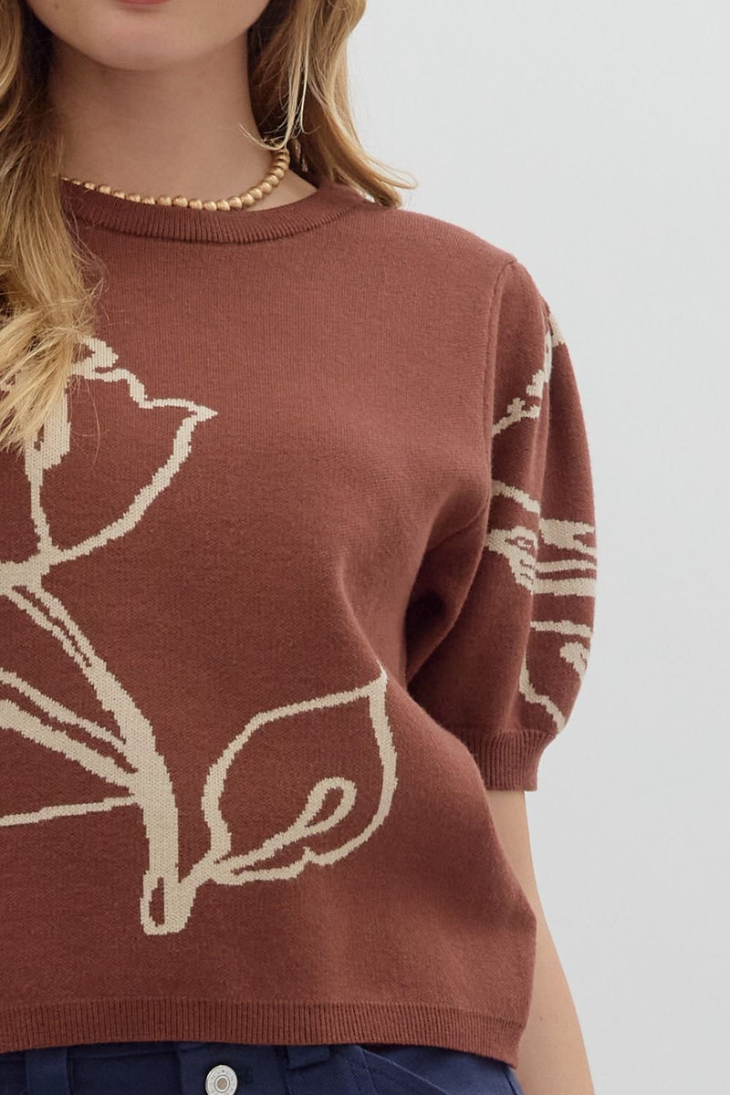 Brown Floral Puff Sleeve Sweater
