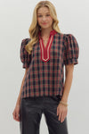 Navy Plaid Puff Sleeve Top