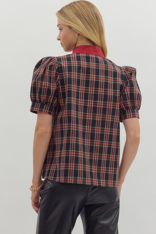 Navy Plaid Puff Sleeve Top