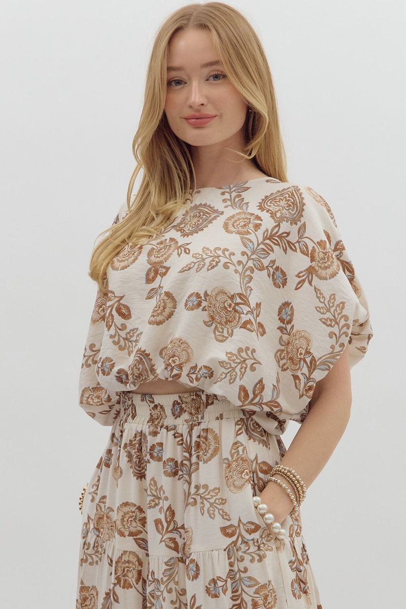 Cream/Brown Floral Dolman Top