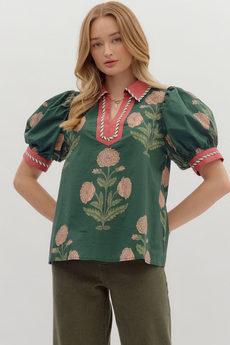 Hunter Green Bubble Sleeve Top