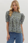 Green/Blue Floral Pintuck Top
