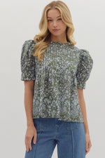 Green/Blue Floral Pintuck Top