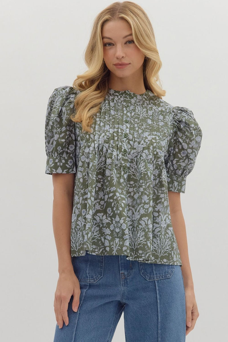 Green/Blue Floral Pintuck Top