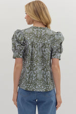 Green/Blue Floral Pintuck Top