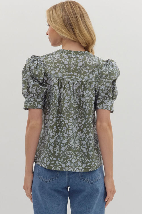 Green/Blue Floral Pintuck Top