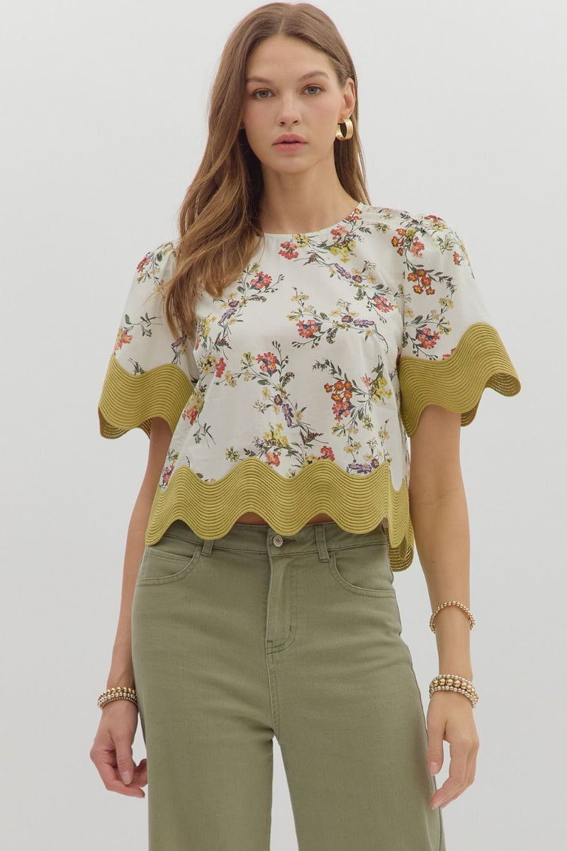 Floral/Olive Trim Top