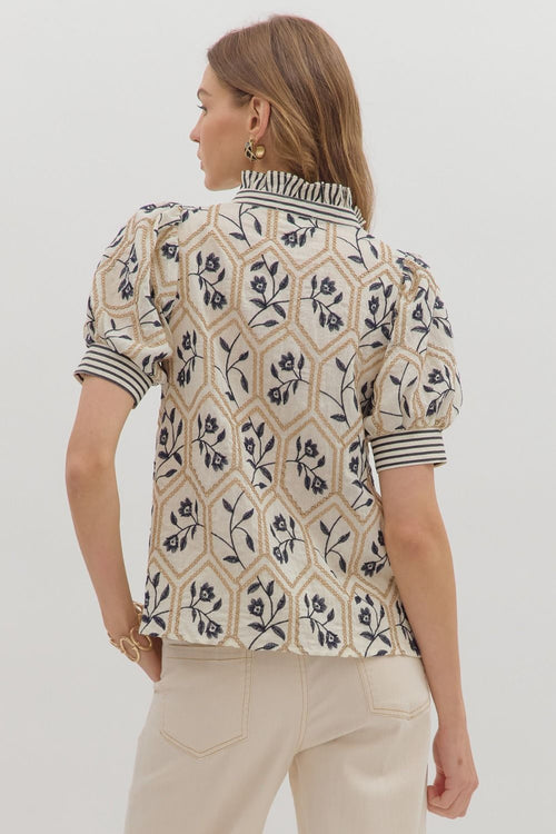 Cream/Navy Mock Neck Top