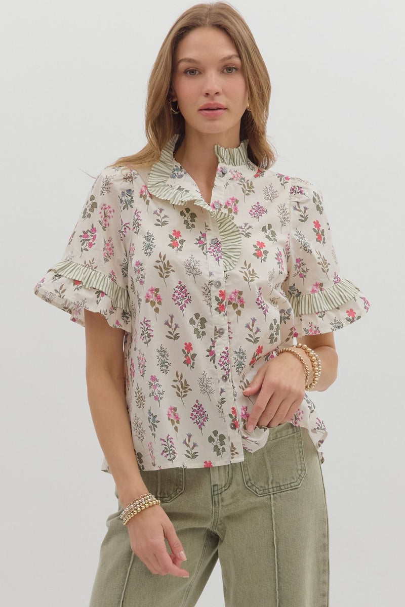 Cream Mock Neck Floral Top