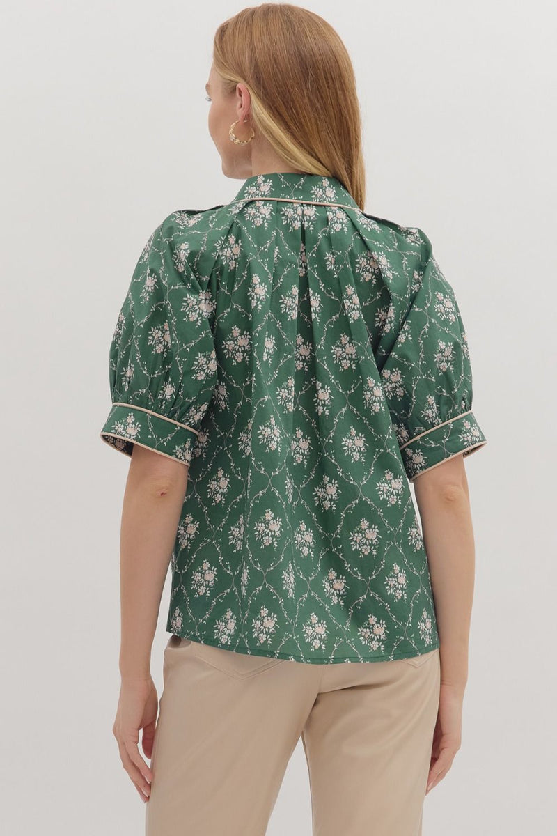 Green Floral Button Up