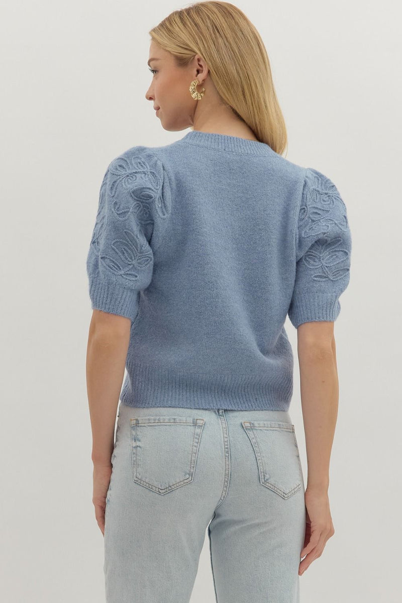 Blue Sweater w/Embroidered Sleeve