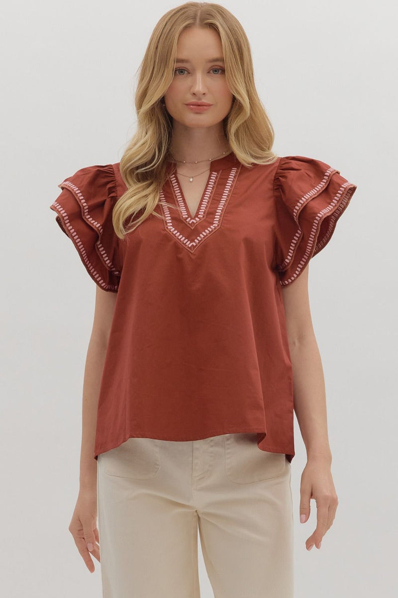 Brick Layered Ruffle Sleeve Top