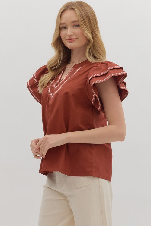 Brick Layered Ruffle Sleeve Top