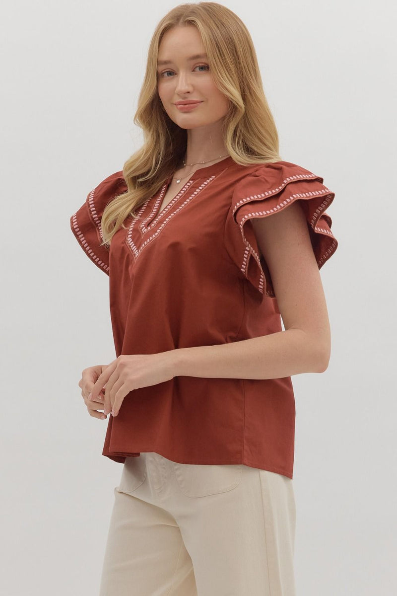 Brick Layered Ruffle Sleeve Top