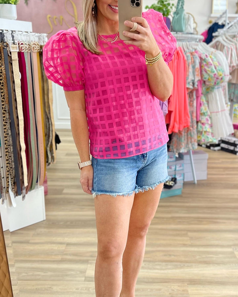 Pink Plaid Puff Sleeve Top